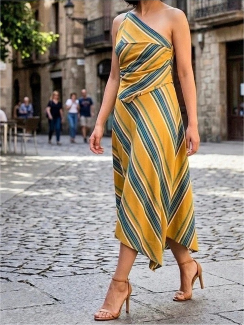 Striped Midi Dress in Yellow & Blue Size Medium - Picture 5 of 8